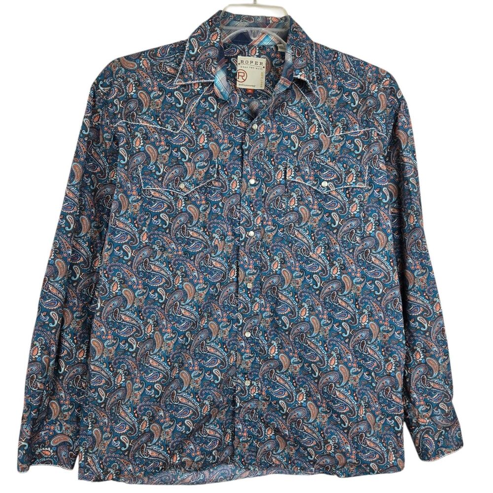 Roper Women Pearl Snap Button Shirt M Blue Orange Paisley Long Sleeve Western